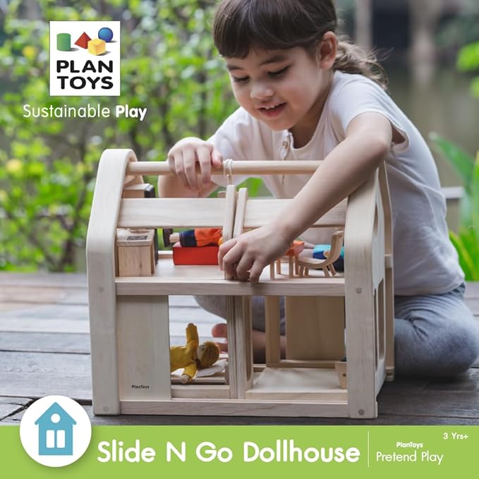 PlanToys Slide and Go Dollhouse - Chemical-Free Wooden Toy Featuring 3 Units with 20 Furniture Pieces
