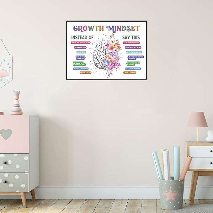 uoyien Classroom Growth Mindset Affirmations for Kids Mental Health Posters Brain Poster Psychology Special Education Calm Corner Wall Art Office Therapy Canvas Wall Decor Prints 16x24in Metal Framed