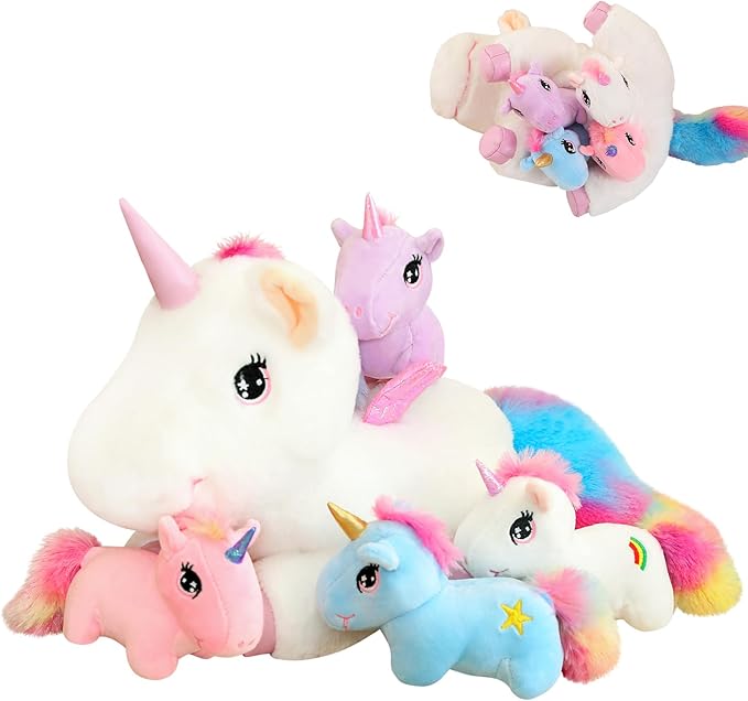SQEQE Unicorn Toys Stuffed Animal 5 in 1, Plush Toy Rainbow Flying Unicorns with Wings for Christmas, Valentine's, Birthday Gifts, Plushies Unicorn Pillow with 4 Babies in Her Tummy for Girls Age 4-8