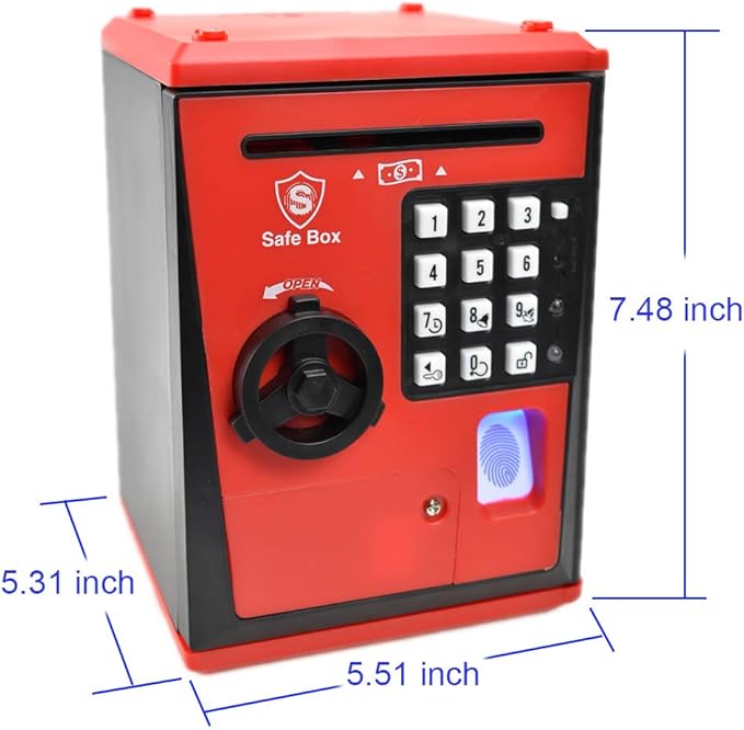 Toy Safe Box, Electronic ATM Piggy Bank, Money Coin Savings Bank, Finger Print Scanner Lock, Great Gift for Children Kids (Red/Black)
