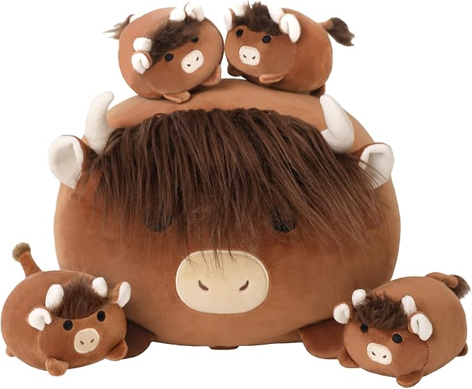 SQEQE Highland Cows Stuffed Animals 5 in 1, Cute Fluffy Cow Plush with 4 Babies in Tummy, Soft Highland Cattle Kid Bedtime for Christmas Valentine's Birthday Gifts, Plushies Decor for Boys Girls