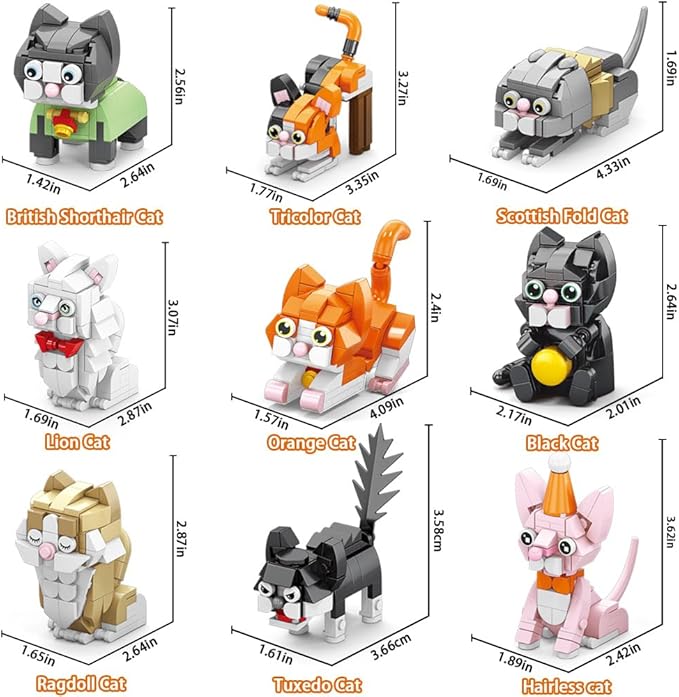 Party Favors for Kids 9 Styles Cat Building Blocks Toys Kitten Animals Build Bricks for Classroom Prizes Goodie Bag Fillers Halloween Christmas Easter Birthday Gift Toy for Boys Girls Ages 6+