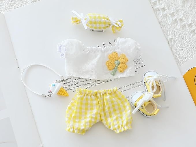 Clothes for Labubu Doll,Clothes for Dolls Accessories,Four-Leaf Clover Candy Summer Replacement Outfit Set 5 Pieces Suitable for Labubu 15&17cm,Adorable Dress-Up Accessories for Doll (Yellow)