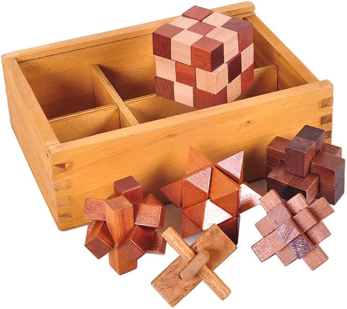 VolksRose 6pcs Wooden Brain Teaser Puzzles, IQ Challenge Puzzle Games, Logic Smart Mind Puzzle Box Lock Toy Removing Assembling 3D Small Puzzle Gift Set for Adults Teenagers Kids, 1.8inch 4.5cm