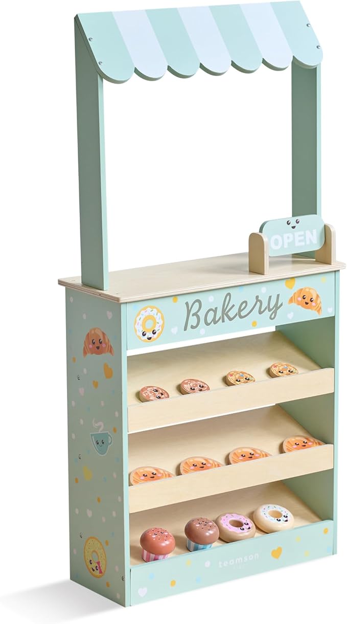 Teamson Kids Jolly Pals Wooden Bakery Market Stand Pretend Playset for Kids Ages 3+, Pastry Play Food Rotating Open/Close Sign, Hidden Storage Educational Role-Play, Pretend Play Wooden Market Stall