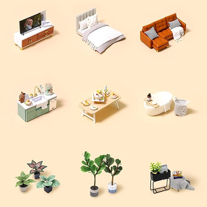 CUTEROOM DIY Miniature Dollhouse Kit with Furniture,Wooden Doll House with Music Movement & LED Lights, DIY House Kit Christmas Birthday Gifts - Comfortable Life