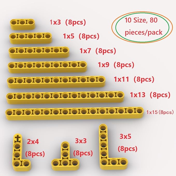 Yellow Liftarms Thick Bulk Assortment Pack, 80 Pieces Liftarms Beams With 10 Sizes, Compatible With Lego Parts and Pieces