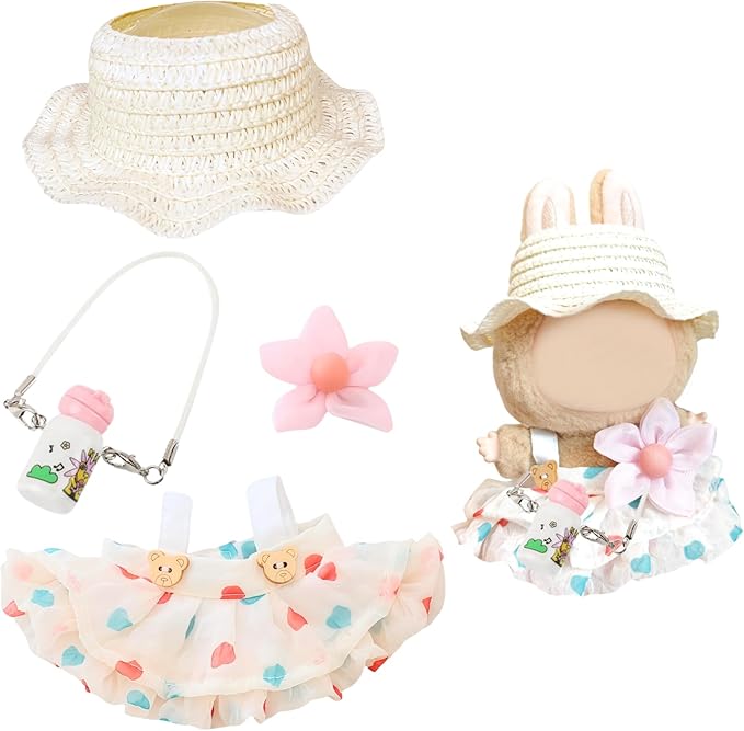 17cm Doll Clothes | Fashion Kawaii Chic Summer Set for Dolls | 4-Piece Outfit with Straw Weave Sun Hat, Floral Decor, Floral Print Dress & Mini Water Kettle (NO Doll)