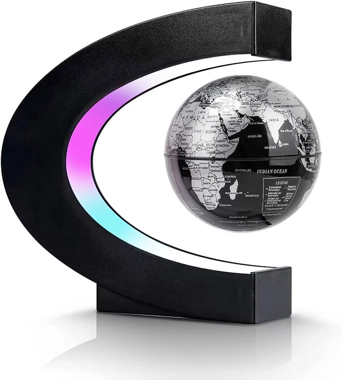 Flagest Magnetic Levitation Floating Globe, Levitating C Shape Silver Black Globe with LED Lights for Education Home Office Desk Decor, Holiday Anniversary Creative Gift(3.3 Inches)