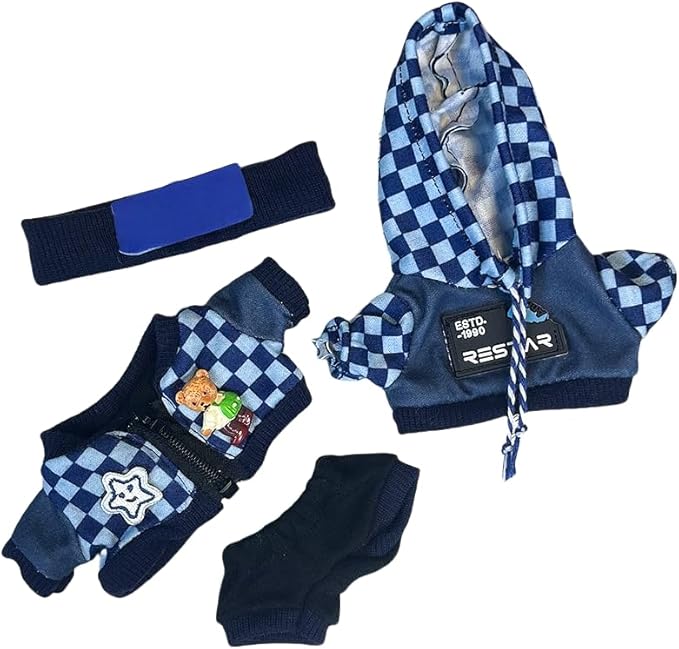17cm/6.7in Clothes Set for Dolls - Cute Hat & Overalls Outfit, Soft Premium Fabric Dress Up Accessories Suit, Easy On/Off, NO Doll Included (Blue Checker)