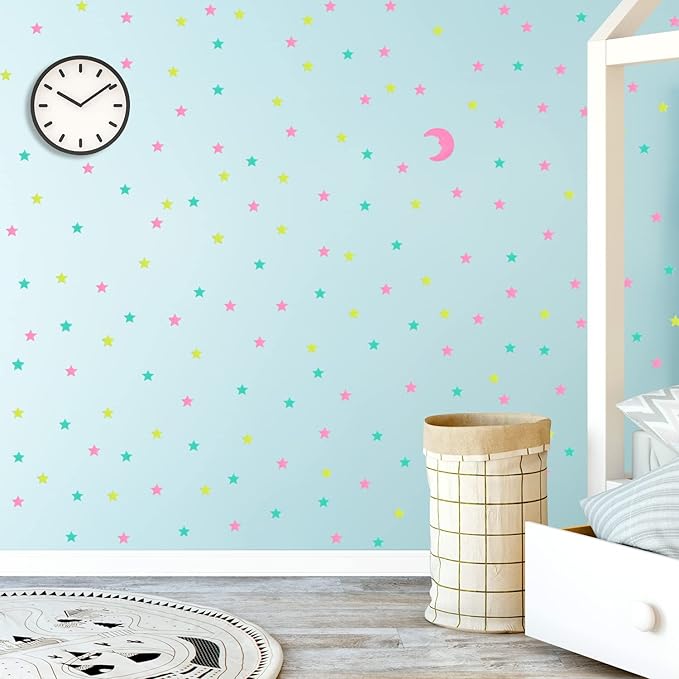 200 Pcs Glow in The Dark Luminous Colorful Stars and Pink Moon Fluorescent Noctilucent Plastic Wall Stickers Murals Decals for Home Art Decor Ceiling Wall Decorate Kids Babys Bedroom Room