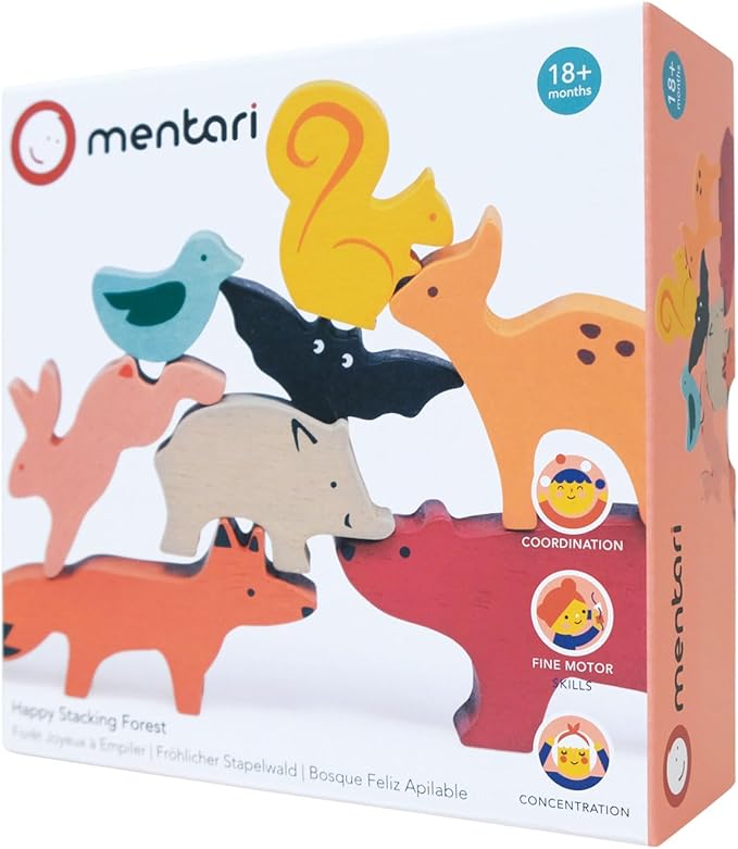 Mentari Toys - Happy Stacking Forest - 8pc Wooden Stacking Toy for Toddlers - Colorful Nature Theme Balancing Activity Toy with Bag - Boost Fine Motor Skills and Dexterity - Educational Toy - Age 18m+