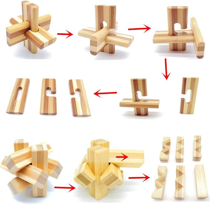 Qiandier Bamboo 3D Puzzle Metal Brain Teasers Puzzles Mind Game Toys Set for Teens and Adults Pack of 12pcs