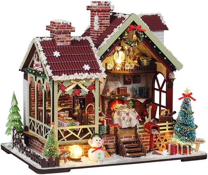 DIY Miniature House Kit, Mini House Building Kit, DIY Book Nook Kit, Tiny Model House for Adults to Build, Beginner 3D Wooden Book Nook, for Family Friends (Christmas House)