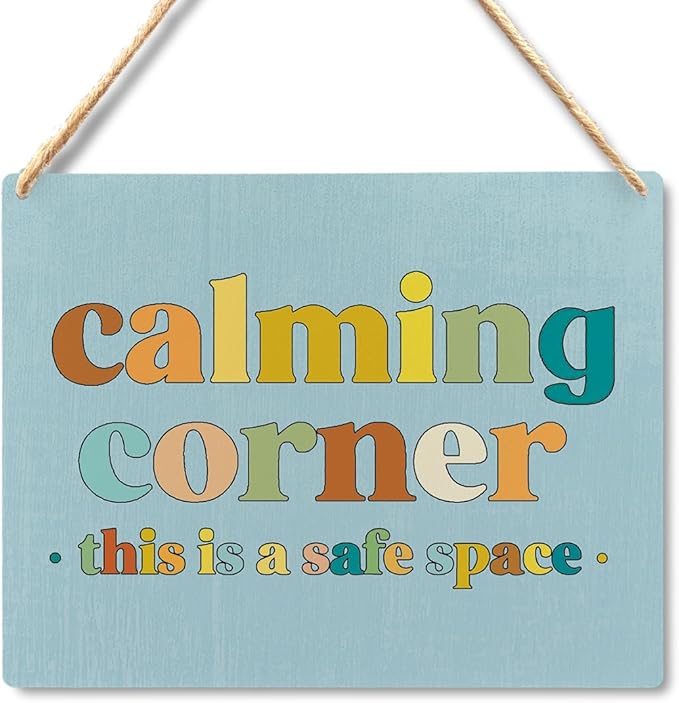 Calming Corner Hanging Wood Sign - Safe Space, Classroom Decor, School Counselor Office, Calm Down Corner Decorations, Boho Style (Blue), 10x8