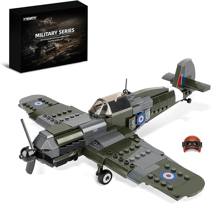WW2 Spitfire Fighter Military Plane Building Set - with Sliding Features, Compatible with Lego Plane, Rotating Propellers, and an Open Cockpit Door