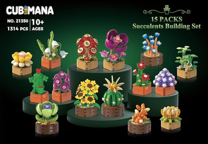 15 Pack Flowers Plants 3.6MM Mini Building Sets - 1314PCS Flower Succulents Botanical Collection for Home Office Décor Block Toy, Party Favors for Christmas Mother's Day Birthday Adults Kids Girls 10+