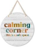 Calming Corner Hanging Wood Sign Plaque - Safe Space, Classroom Decor, School Counselor Office, Calm Down Corner Decorations, Boho Decor, 10x8 (Round, White)