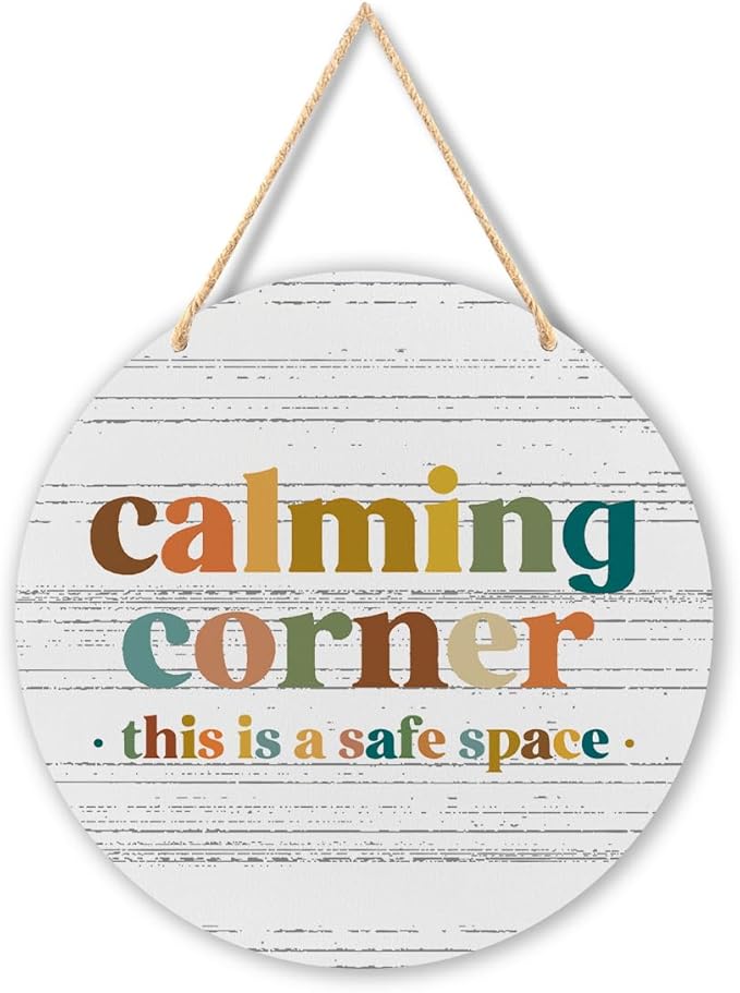 Calming Corner Hanging Wood Sign Plaque - Safe Space, Classroom Decor, School Counselor Office, Calm Down Corner Decorations, Boho Decor, 10x8 (Round, White)