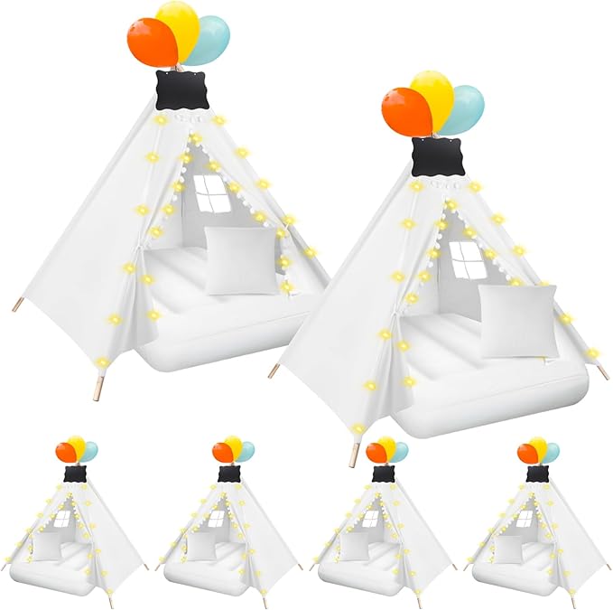 6 Pcs Kids Teepee Tent Bulk with Light String Inflatable Airbed Bedding Fitted Sheet and Markeable Small Blackboards for Boys Girls Indoor Outdoor Slumber Party (White)