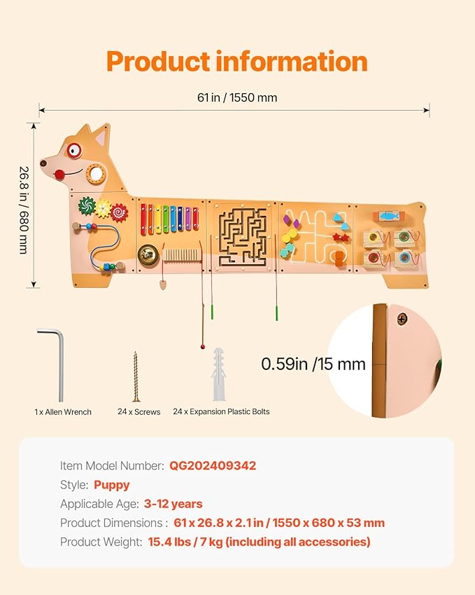 VEVOR Dog Activity Busy Board Panel, 12 Wall Activities Board, Montessori Sensory Wall Panel for Kids 3-12 Years, Sensory Wall Activity Panel, Ideal for Toddler Playroom Nursery Classroom