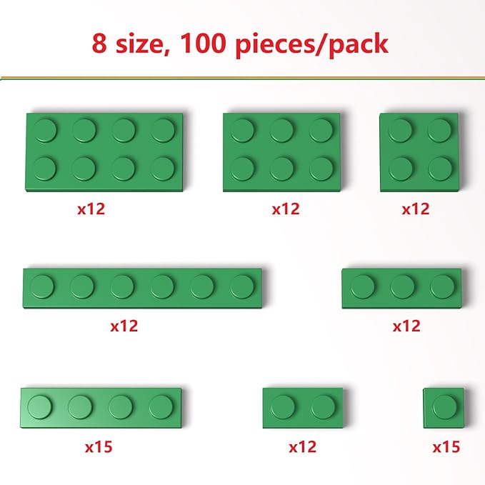 100 Pieces Classic Building Plate Assortment Pack, 8 Sizes Small Baseplates Multipacks, Compatible with Lego Parts and Pieces, Small Plate for Building(Color:Green)