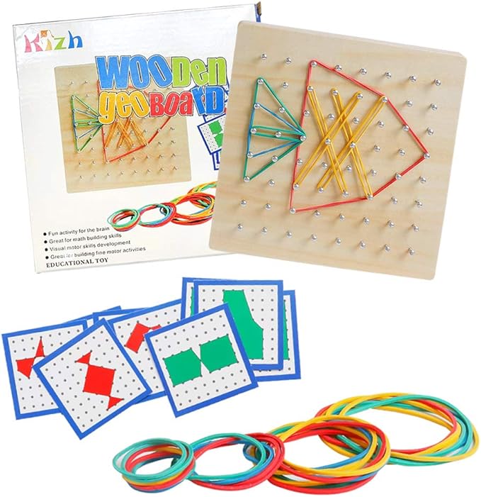 Kizh Wooden Geoboard Math Manipulative Material Graphical Geo Board Montessori Educational Toys Array Block Pattern Cards and Rubber Bands STEM Puzzle Matrix 8x8 Brain Teaser Toys