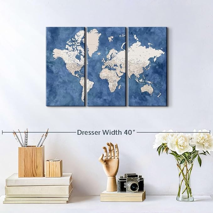 ElephantStock Detailed World Map With Cities I Wall Art - Horizontal Canvas - 3-Piece Living Room Decor - Watercolor Map Canvas Print - Beige and Blue Wall Decor by Blursbyai - 23" X 14"