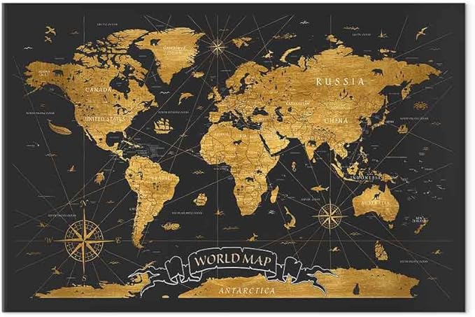 artgeist Canvas Wall Art Print World Map 24x16 in - 1pcs Home Decor Framed Stretched Picture Photo Painting Artwork Image Faux Wood Map of The World Continents Grey k-A-0490-b-a