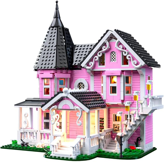 Pink Palace House Building Set with Lights, Halloween Haunted House Blocks Toy, Halloween House Kit for Kids Adults,Christmas for Girls and Boys, Aged 8+ (1349PCS)