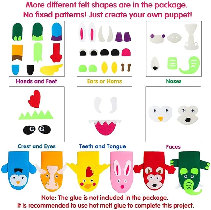 WATINC 12Pcs Hand Puppet Making Kit for Kids Art Craft Felt Sock Puppet Toys Creative DIY Make Your Own Puppets Pompoms Storytelling Role Play Party Supplies for Girls Boys