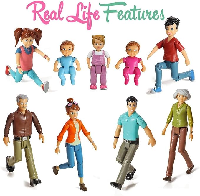 Beverly Hills Sweet Li’l Family Bendable Doll House Figurines Set of 9 - Grandpa, Grandma, Mom, Dad, Sister, Brother, Toddler, Twin Boy & Girl