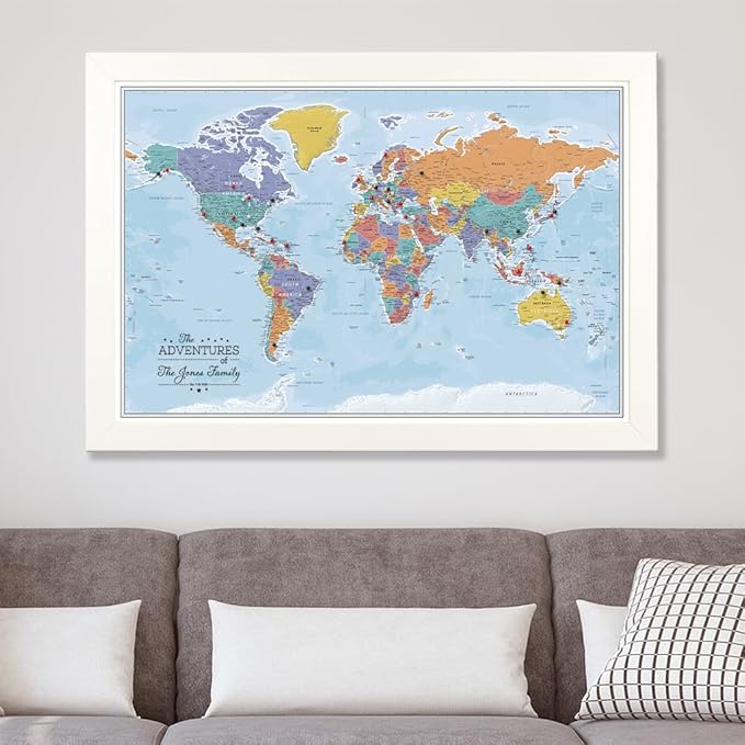 Canvas - Personalized Blue Oceans World Push Pin Travel Map with Textured White Frame
