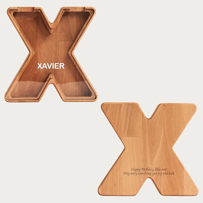 Personalized Wooden Piggy Bank – Custom Letter X Coin Bank in Beech Wood with Clear Acrylic Front, Engraved Name Option, Money Saving Box for Kids and Adults