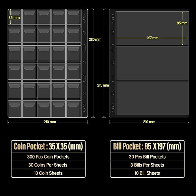 Coin Collection Book Holder for Collectors, Coin Storage Box Case Album Binder Sleeves for Money Currency Collection Supplies - [300 Coins Pockets+30 Bills Pockets]