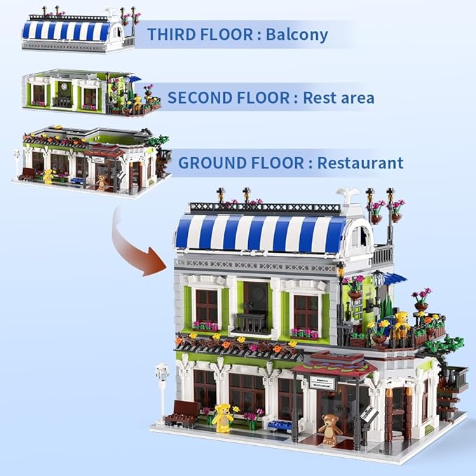 Romantic Restaurant Building Toys, Flowers City Hotel House Building Kit with Bear Mini Bricks, City Street House Construction Toys, 2107Pcs Mini Bricks
