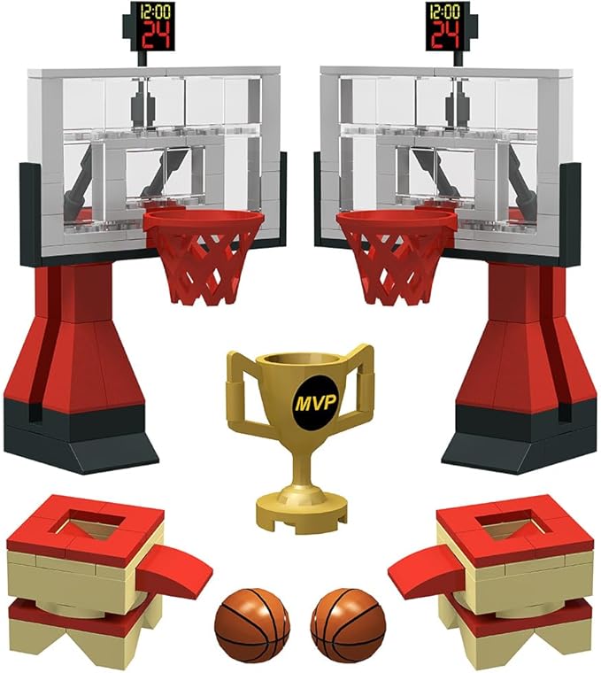 Building Blocks Toy - Basketball Court Baseplates and Sets of 2 Basketball Hoop Basketball Goal Building Bricks for Basketball Game - Compatible with Major Brands (Basketball Playset/Red)