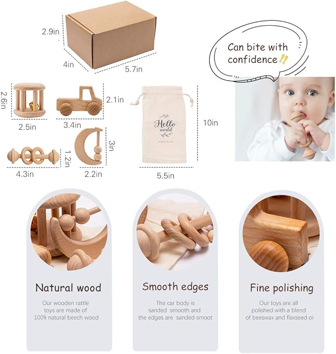 Wood Baby Rattle Personalizable Infant Rattle Sensory Development Wooden Toys Set