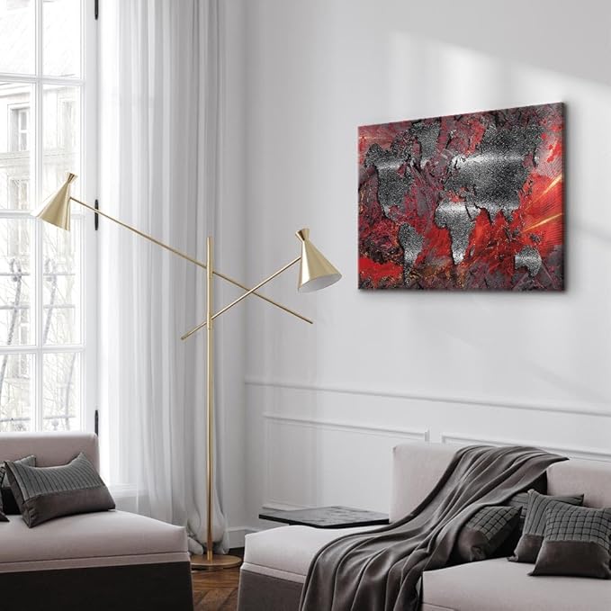 artgeist Canvas Wall Art World Map 24x16 in - 1pcs Home Decor Framed Stretched Picture Photo Painting Artwork Image - Abstract Continents Map World Map Red Silver k-A-0505-b-c
