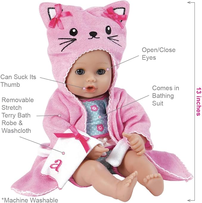 Adora Bath Time Babies Collection, 13" Baby Doll and Clothes Set, Made with Fresh Powder Scent and Exclusive QuickDri Vinyl Body, Birthday Gift For Ages 1+ - Kitty