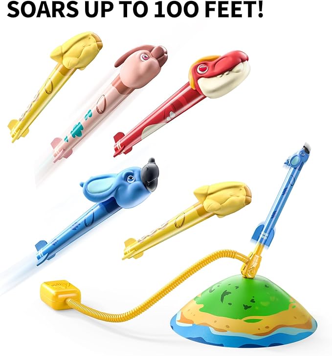 TEMI Dinosaur Rocket Launcher - 6 Dino Rockets, Launch up to 100 ft, Fun Outdoor or Indoor Kids Toy for Boys & Girls Age 3-7, Dinosaur Toy, Birthday Gift for Kids Age 4-8