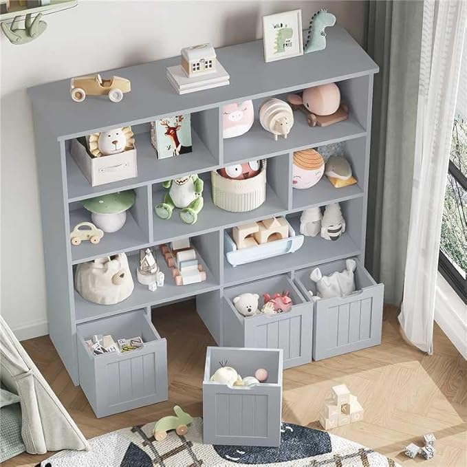 FINETONES Toy Storage Organizer, Kids Bookshelf with 4 Movable Chests and 7 Storage Cubes, Toy Chest Storage Shelf Organizer with Hidden Wheels, Toy Organizers and Toy Storage, Grey