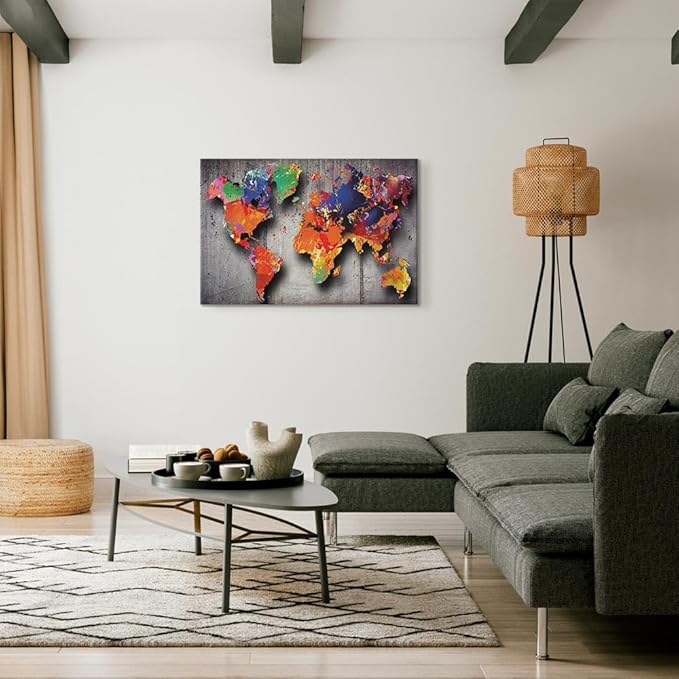 artgeist Canvas Wall Art World Map 35x24 in - 1pcs Home Decor Framed Stretched Picture Photo Painting Artwork Image - Map Worldmap Continents Grey Colorful k-A-0507-b-a