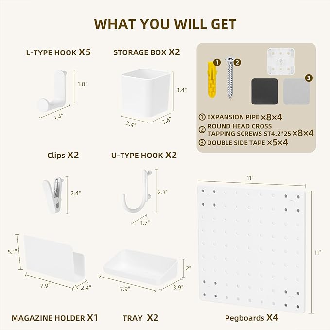 VUSIGN Peg Board Combination Kit, 22"x22" Pegboards and Accessories for Wall Organization, Pegboard Wall Organizer for Office, Home, Desk, White