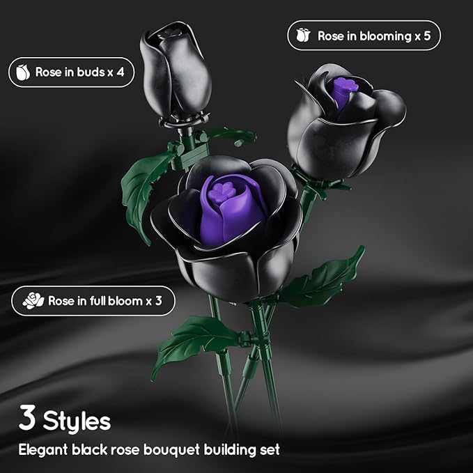 HOGOKIDS Flowers Bouquet Building Set - 15 Halloween Black Roses Botanical Collection Building Blocks Artificial Flower 330PCS Gothic Home Decor Christmas Birthday Gift for Adults Kids Girls Age 8+