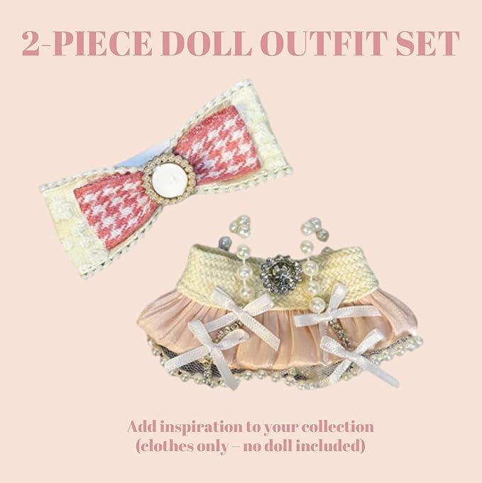 Clothes for 17cm Doll(Clothes Only)– 2-Piece Set Pearl Princess Dress and Pearl Houndstooth Bow Headband for a Unique Dressed-Up Look– Fashion Handmade Accessories for Doll(Pink)