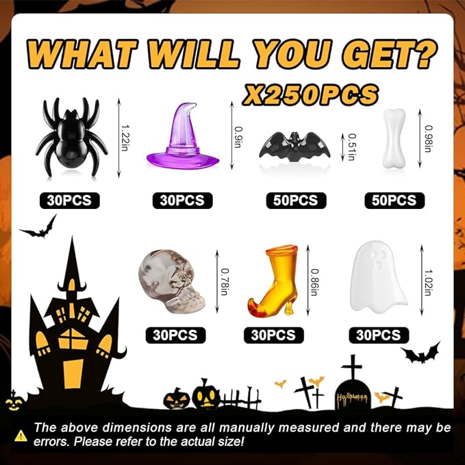 250PCS Halloween Vase Filler – Acrylic Halloween Sensory Bin Filler with Spiders, Bats, Skulls, Ghosts, Witch Hats, Boots, and Bones, Mini Halloween Figurines for Crafts and Bowl Decor