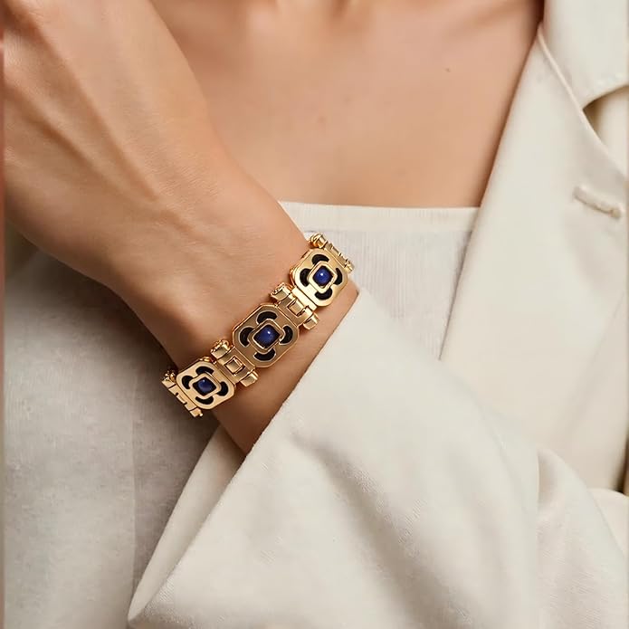 DIY Assembled Link Bracelet with Blue Gemstones - Elegant Statement Jewelry for Adult, Polished Link, Puzzle, Ceramic Style，Perfect for Gifting & Everyday Wear