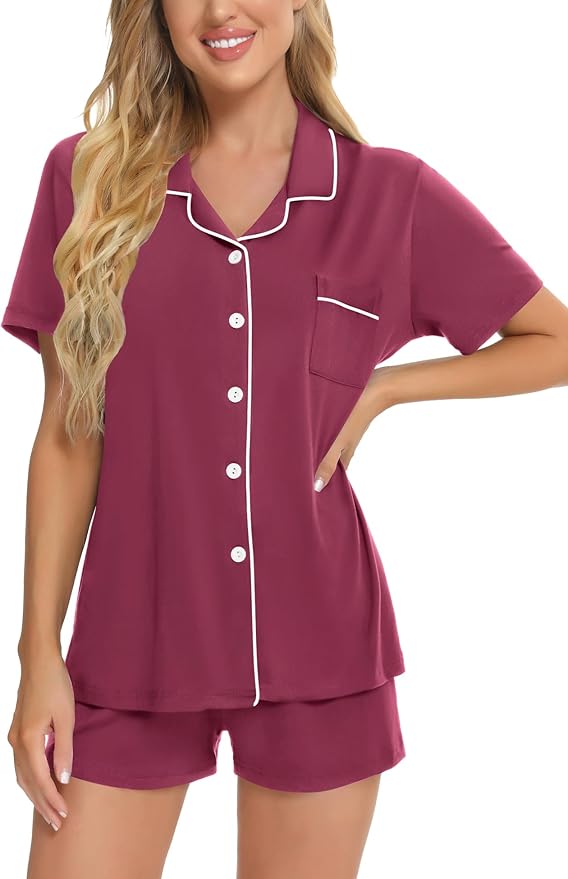 SWOMOG Womens Button Down Pajamas Set Short Sleeve Sleepwear Bride Soft Pj Lounge Sets XS-3XL