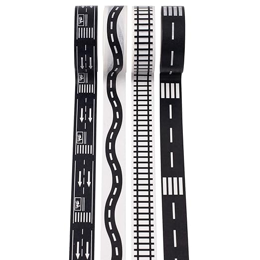 YUBX Highway Washi Tape Set 4 Rolls Black & White Decorative Masking Tapes for Arts, DIY Crafts, Journals, Planners, Scrapbook, Wrapping 15mm x 10m (9/16" x 33')